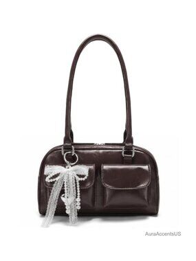 PU Leather Swing Zip Shoulder Bag Bowler with Pendant